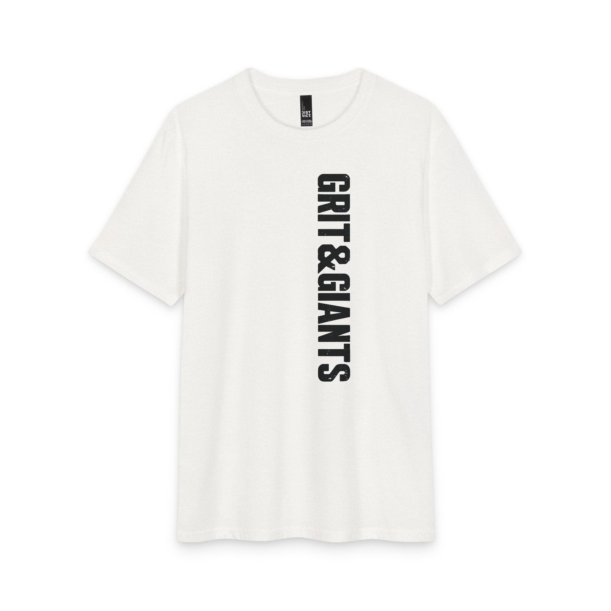 White Smoke Grit & Giants Refuge Training Tee featuring the vertical front logo.