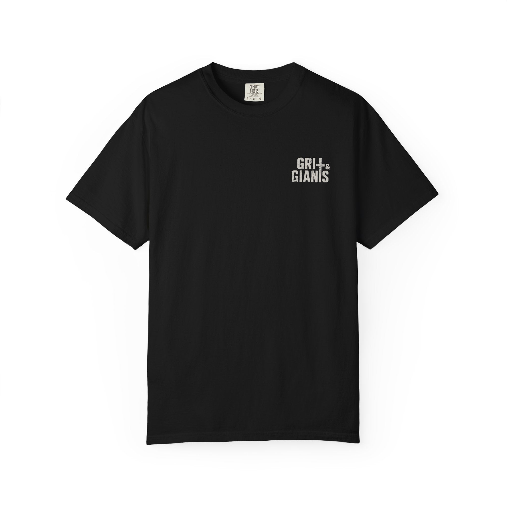 Black Grit & Giants Signature Tee featuring the distressed chest logo.