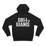 Back of the black Grit & Giants Stone Signature Hoodie featuring a large distressed Grit & Giants logo.