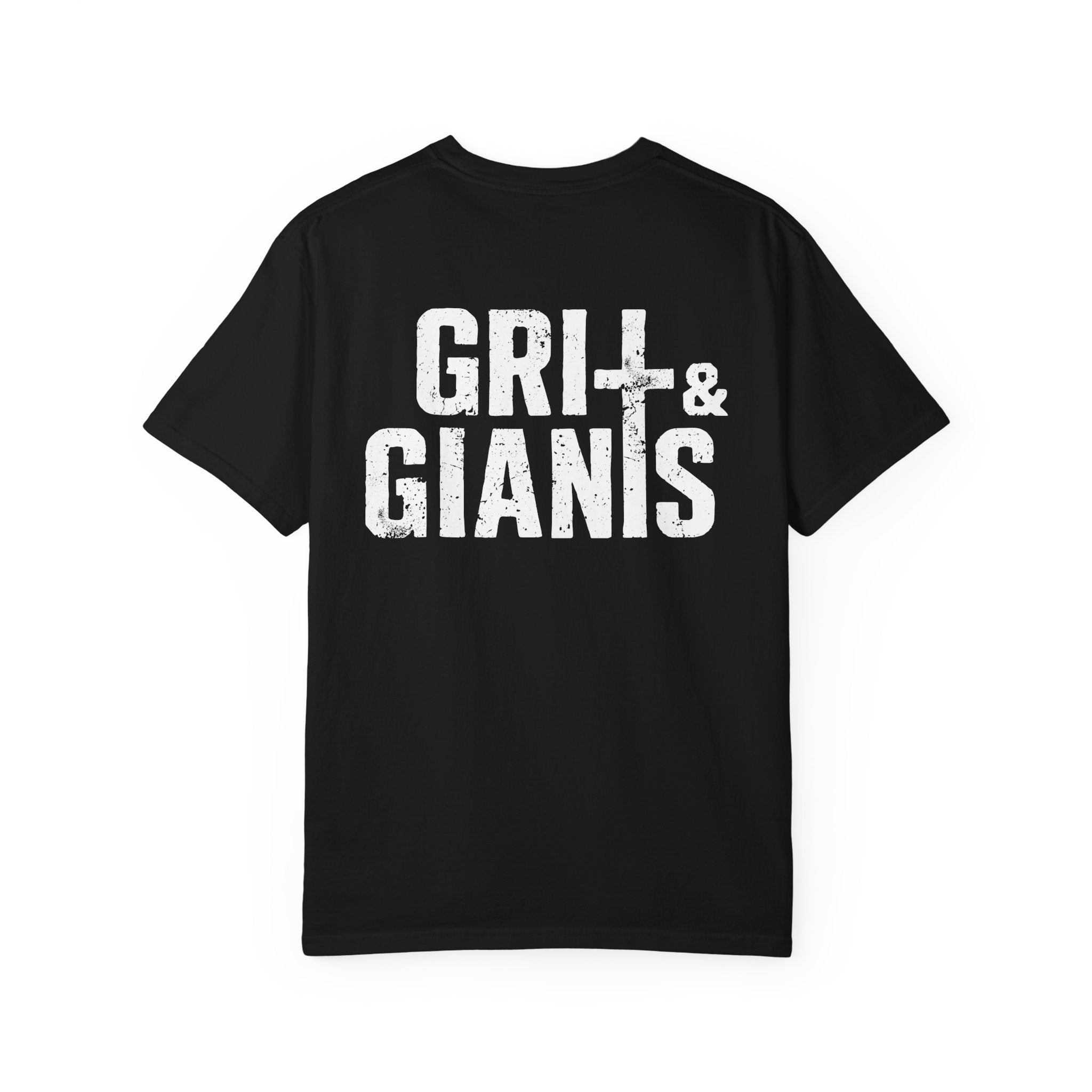 Back of the black Grit & Giants Stone Signature Tee.
