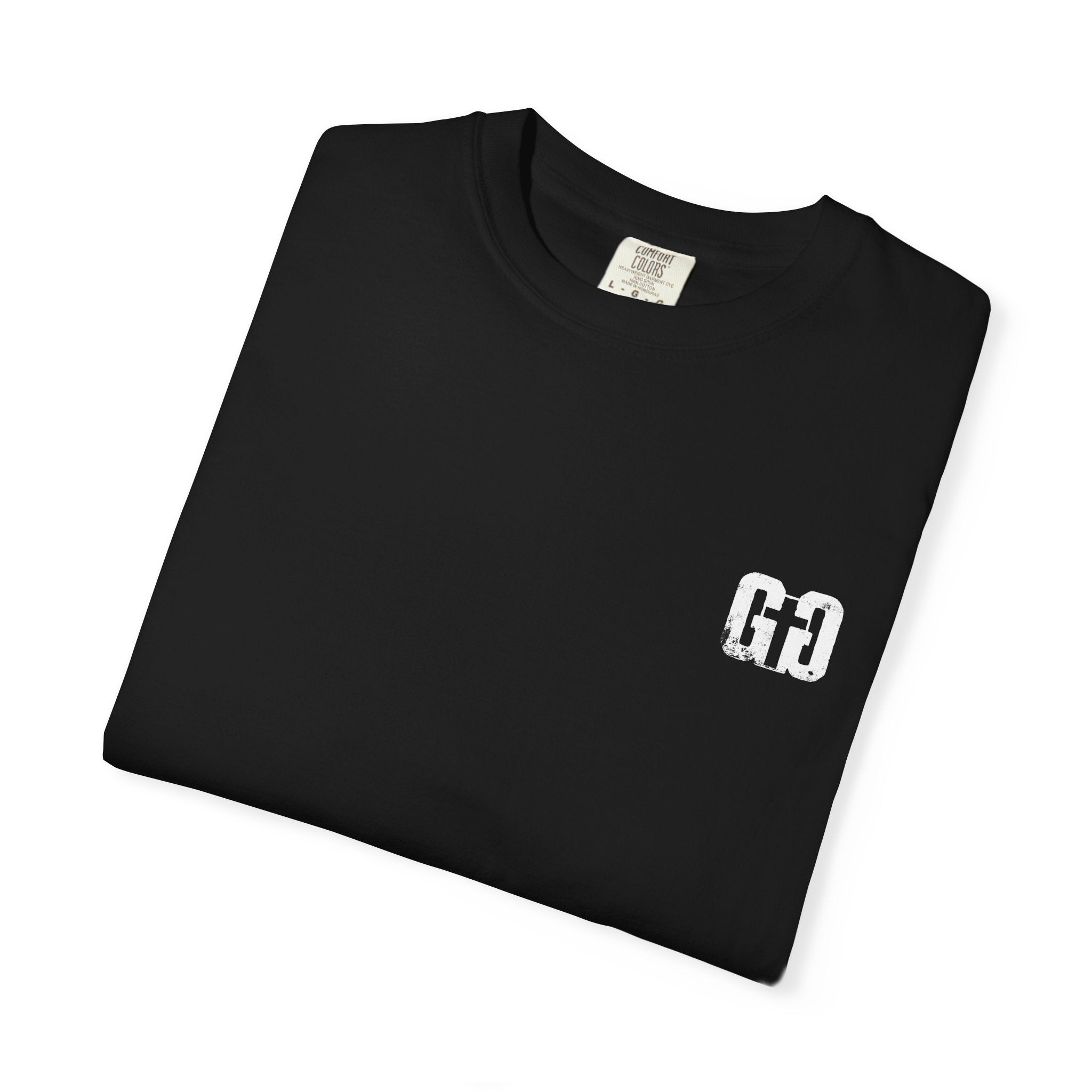 Folded black Grit & Giants Stone Signature Tee featuring the distressed chest logo.
