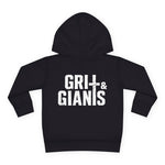 Back of black Grit & Giants toddler hoodie featuring the distressed logo.