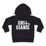 Back of black Grit & Giants toddler hoodie featuring the distressed logo.
