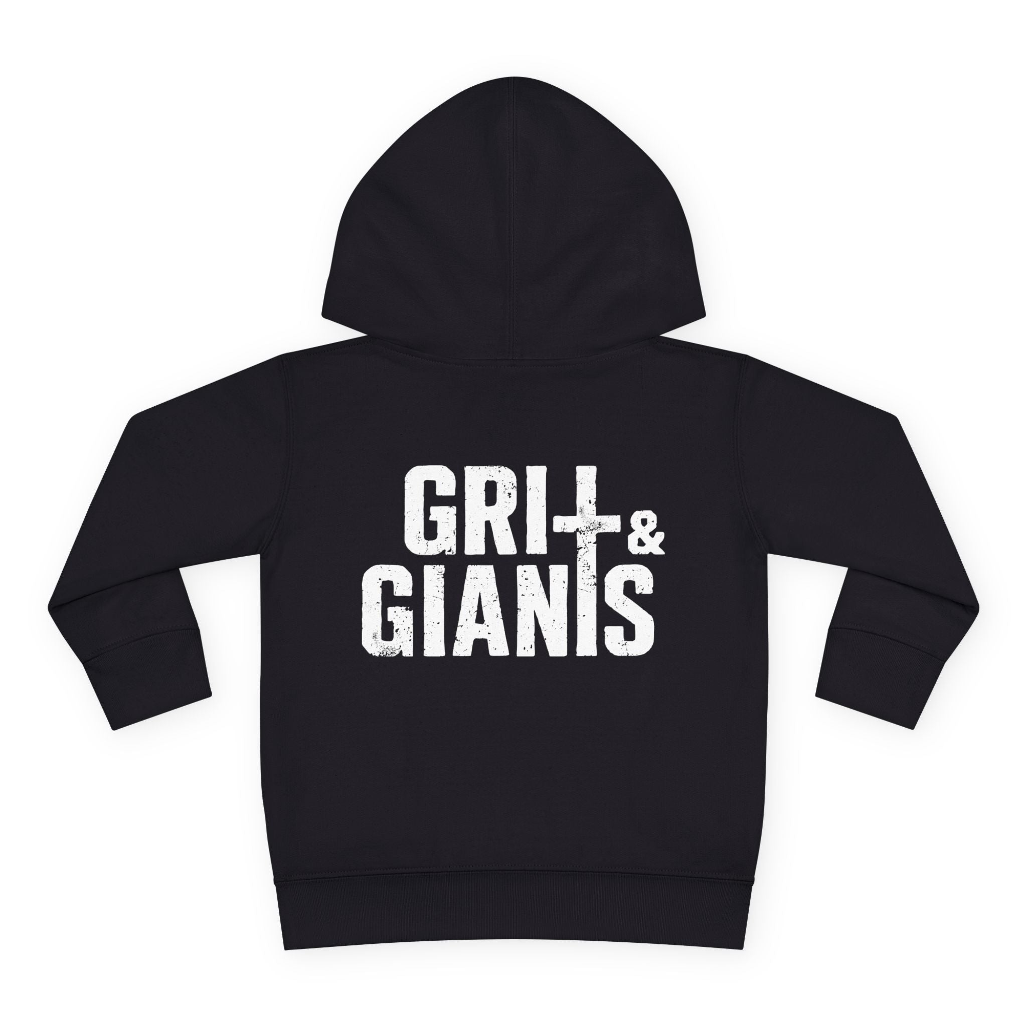 Back of black Grit & Giants toddler hoodie featuring the distressed logo.
