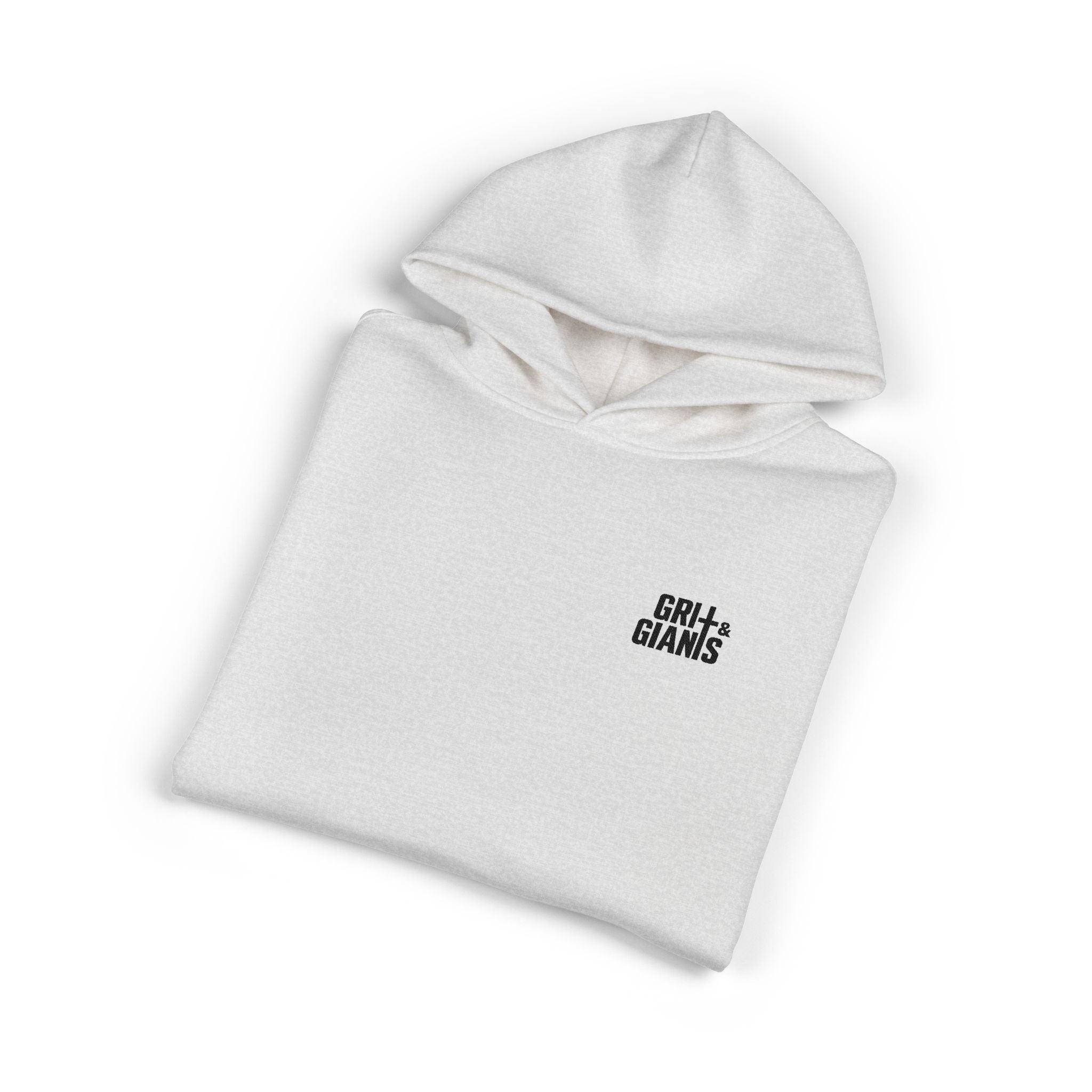 Folded white heather Grit & Giants Victory Hoodie with embroidered chest logo.