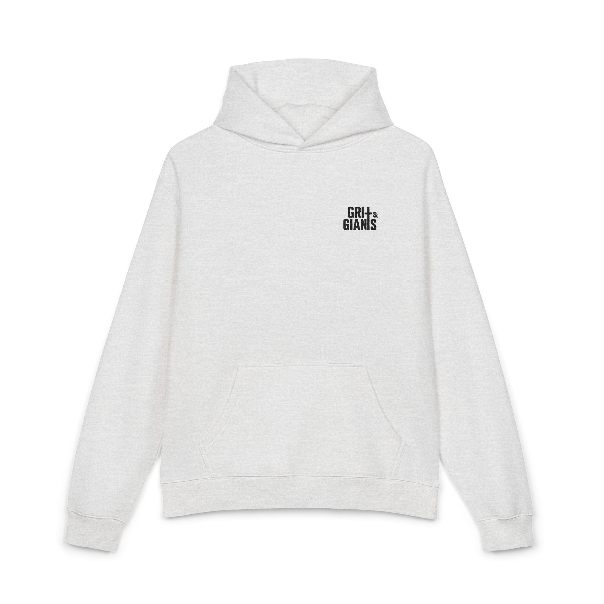 White heather Grit & Giants Victory Hoodie with embroidered chest logo.