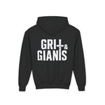 Back of black Grit & Giants youth Stone Signature Hoodie with large distressed logo.
