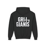 Back of black Grit & Giants youth Stone Signature Hoodie with large distressed logo.