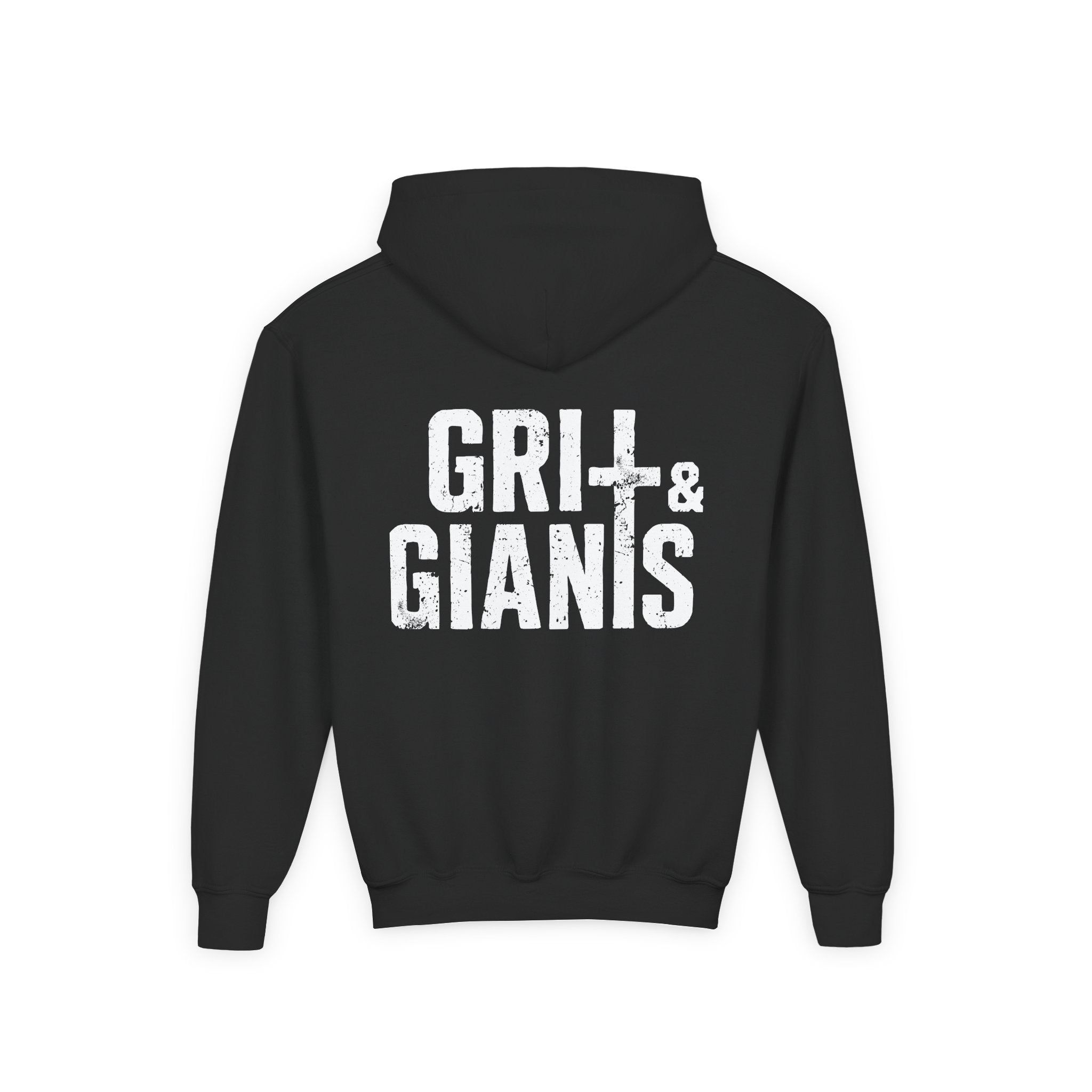 Back of black Grit & Giants youth Stone Signature Hoodie with large distressed logo.