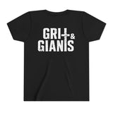 Back of black Grit & Giants youth tee featuring the large distressed logo.