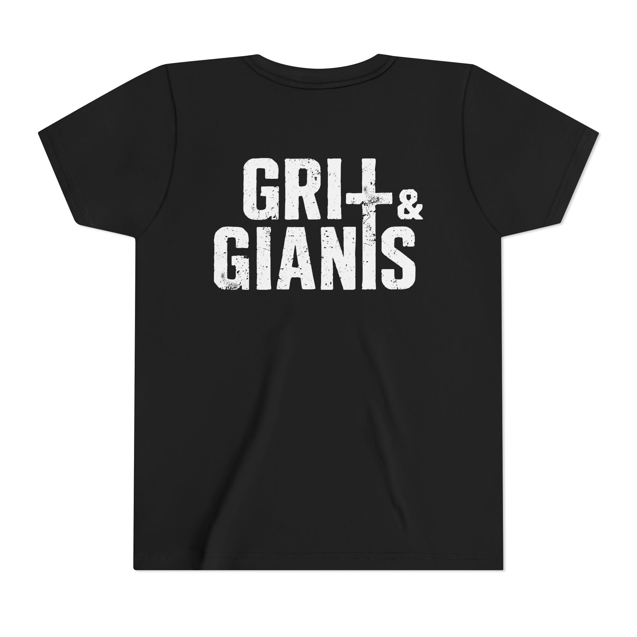 Back of black Grit & Giants youth tee featuring the large distressed logo.