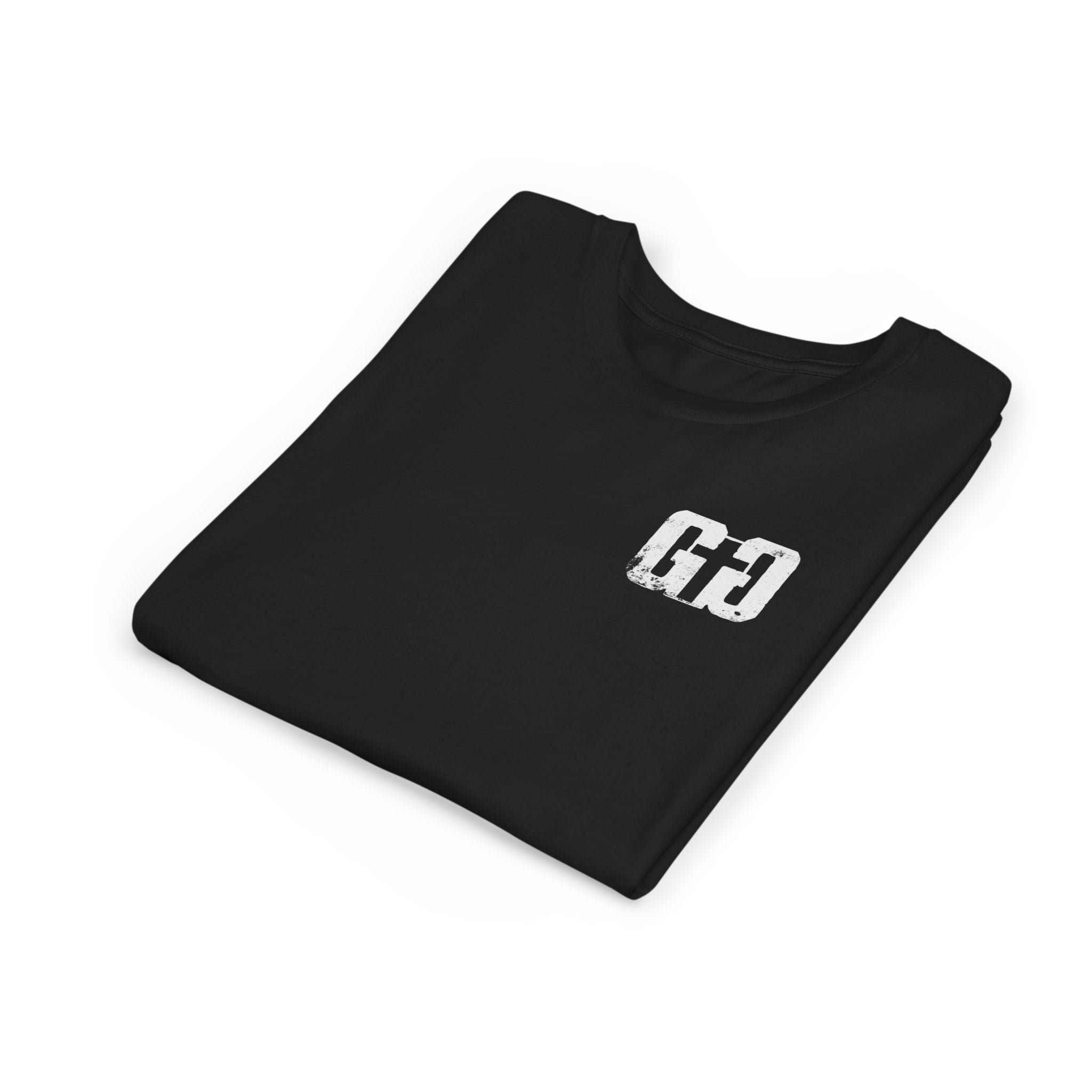 Folded black Grit & Giants youth tee featuring the distressed chest logo.